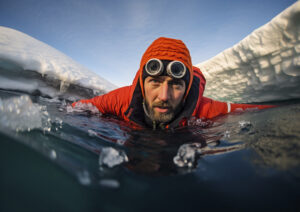An adventurer in an orange jacket swims in icy waters surrounded by snow, embracing the thrill and beauty of Iceland winter magic.