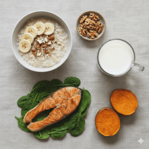 Oat meal on a bowl Walnut Grilled Fish and a Glass of Milk