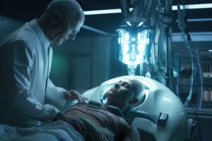 “Doctor using robotic surgery technology to treat a patient.”