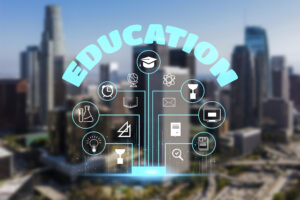 Future of online education concept with digital learning icons and city skyline background
