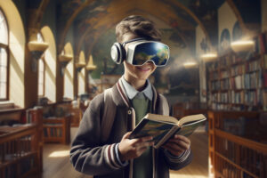 Student wearing a virtual reality headset while reading a book in a library