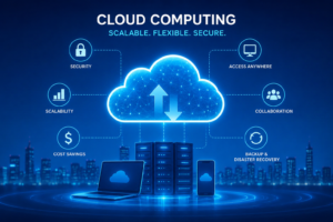 Cloud computing platform connecting servers, devices, and business applications for digital transformation.