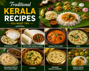 Traditional Kerala recipes food collage with authentic dishes like sadya, fish curry, appam, and payasam”