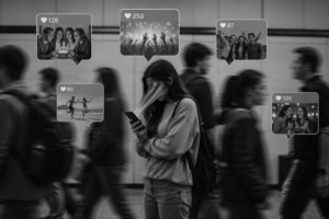 "Concept image for Why We Can't Stop Scrolling: The Psychology of Social Media showing a woman absorbed in her phone as social media posts surround her, symbolizing fear of missing out (FOMO) and endless scrolling."