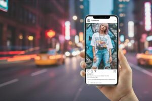 Fashion Trends Inspired by Social Media featuring a smartphone displaying an influencer's trendy streetwear outfit against a blurred city background, showcasing the impact of social media on modern fashion styles.