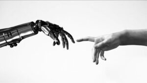 "Concept image for Why We Can't Stop Scrolling: The Psychology of Social Media showing a human hand reaching toward an AI robotic hand, representing the connection between people, technology, and digital behavior."