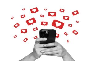 "Why We Can't Stop Scrolling: The Psychology of Social Media illustrated with a smartphone surrounded by social media like notifications representing social validation and dopamine-driven engagement."