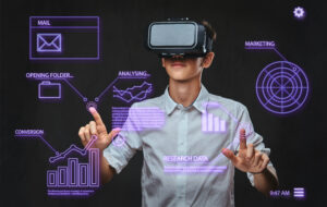 How AI Agents Are Changing Digital Marketing – a professional using a VR headset interacts with AI-powered marketing dashboards showing analytics, automation, customer insights, conversion tracking, and digital marketing performance metrics.