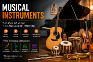 Music instruments including guitar, grand piano, violin, tabla, flute, and trumpet displayed in a professional studio for a complete guide to musical instruments.