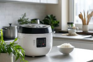 Premium electric rice cooker with fluffy cooked rice in a contemporary minimalist kitchen.