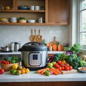 Smart kitchen appliance for fast cooking displayed with fresh vegetables on a clean wooden and white kitchen interior.