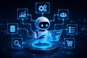 AI latest news image showing an intelligent AI assistant managing analytics, automation, and digital business solutions.