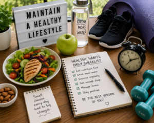 Self-Development healthy lifestyle workspace featuring a nutritious salad, green apple, water bottle, yoga mat, running shoes, dumbbells, alarm clock, and a daily healthy habits checklist, symbolizing personal growth, fitness, wellness, and positive self-improvement.