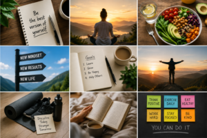 featuring a motivational journal, meditation at sunrise, healthy food, a growth mindset sign, goal setting, self-confidence in nature, fitness and discipline, reading for self-improvement, and colorful notes with positive habits such as think positive, exercise daily, eat healthy, stay focused, work hard, and be kind Lifestyle & Personal Growth in 2026