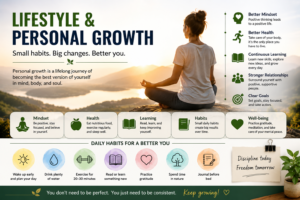 featuring a woman meditating at sunrise overlooking mountains and a lake.Lifestyle & Personal Growth in 2026 The design highlights better mindset, health, continuous learning, stronger relationships, and clear goals. It also shows daily habits such as waking up early, drinking water, exercising, reading, practicing gratitude, spending time in nature, and journaling, with an inspiring message about consistency and personal growth.