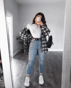 Affordable Fashion Ideas for College Students featuring a casual plaid shirt, white top, jeans, and sneakers