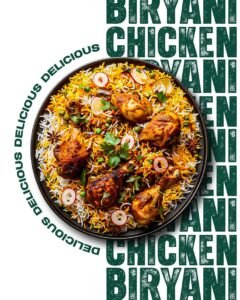 "Authentic chicken biryani served with fragrant basmati rice, roasted chicken pieces, herbs, and spices in a modern food poster design."