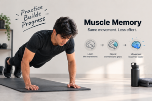 Understanding Muscle Memory and How It Works — a man doing push-ups during a workout, with a visual showing how repeated practice strengthens neural connections and makes movements easier