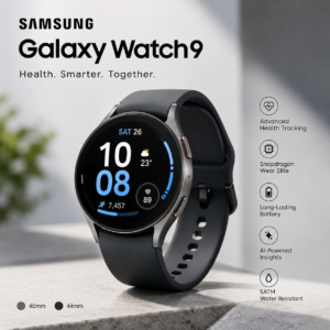 Samsung Galaxy Watch9 smartwatch with a black band, featuring advanced health tracking, Snapdragon Wear Elite, long-lasting battery, AI-powered insights, and 5ATM water resistance.