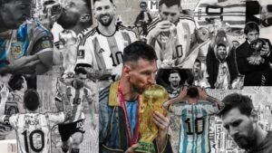 Career and achievements of Messi showcased through a collage of Lionel Messi’s Argentina moments, World Cup victory, trophy celebration, and iconic football memories