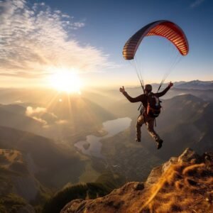 Travel & Nature – Paragliding adventure over scenic mountains and a beautiful sunset landscape