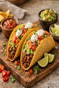 Crunchy beef tacos topped with lettuce, diced tomatoes, shredded cheese, cilantro, and sour cream, served with lime wedges and salsa.