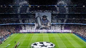 Real Madrid fans creating a spectacular Champions League display at Santiago Bernabéu Stadium