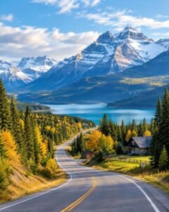 Travel & Nature – Scenic mountain landscape with a blue lake, forest, and winding road