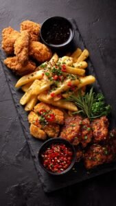Crispy fried chicken, golden French fries topped with cheese and herbs, spicy glazed chicken pieces, and dipping sauces arranged on a black serving board.