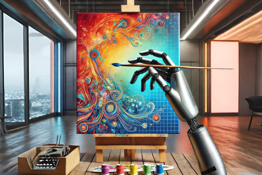 "A robotic hand painting a vibrant canvas with abstract and colorful patterns, symbolizing the fusion of AI and human creativity in a futuristic art studio."