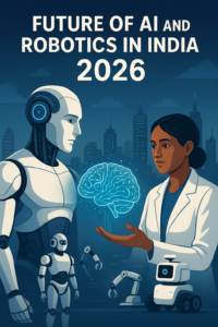 Futuristic illustration depicting AI and Robotics in India 2026, showing a humanoid robot and an Indian scientist collaborating in front of a glowing holographic brain against a modern cityscape.
