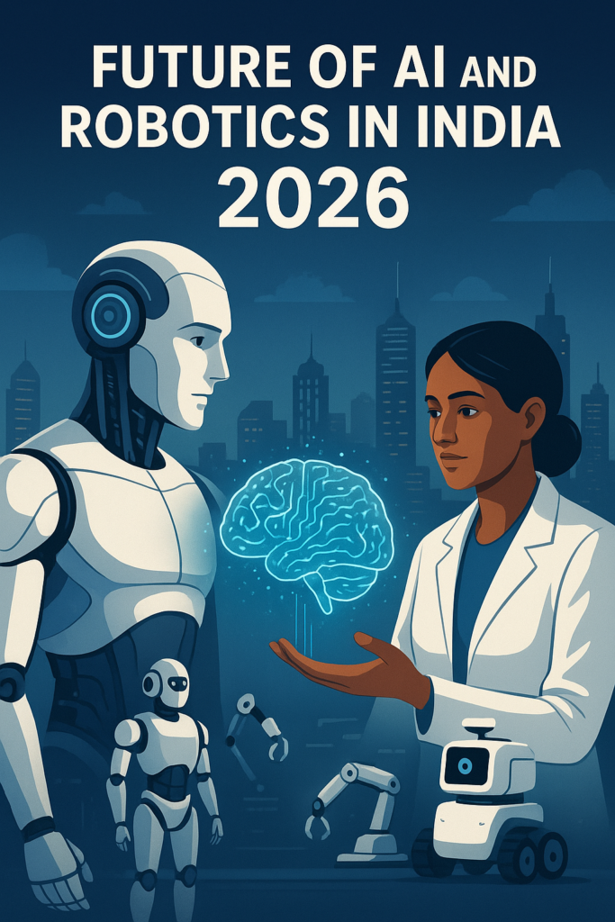 Futuristic illustration depicting AI and Robotics in India 2026, showing a humanoid robot and an Indian scientist collaborating in front of a glowing holographic brain against a modern cityscape.