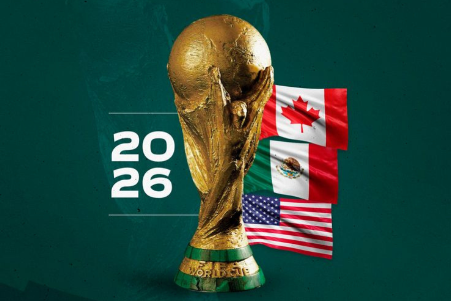 FIFA World Cup 2026 trophy featuring flags of the United States, Canada, and Mexico official host nations of the tournament.