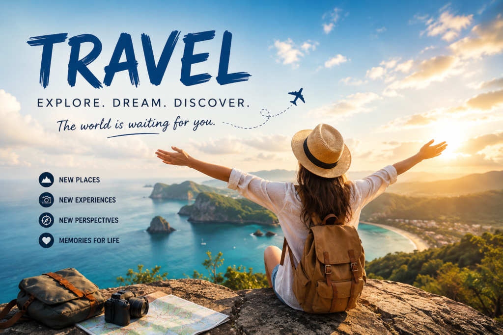 Top Travel Trends Shaping Tourism in 2026 featuring sustainable travel, AI trip planning, wellness tourism, and digital nomad lifestyle.