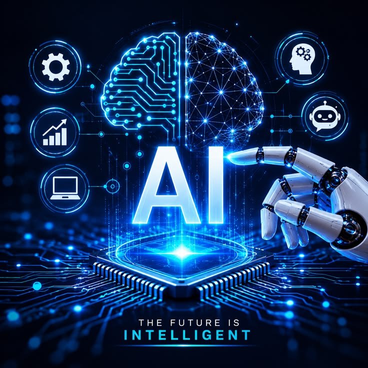 AI latest news illustration featuring a glowing AI brain, robot hand, machine learning icons, and advanced digital innovation.