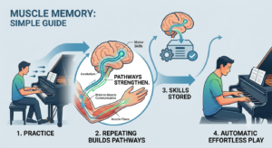 Simple illustration explaining muscle memory through practice, repetition, and automatic movement.