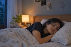 A woman who sleep peacefully in a cozy bedroom with warm bedside lighting and floral bedding.