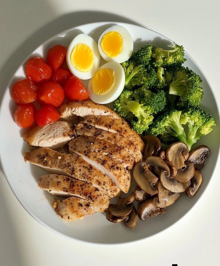 A healthy meal bowl with sliced grilled chicken, boiled eggs, steamed broccoli, sautéed mushrooms, and roasted cherry tomatoes on a white plate.