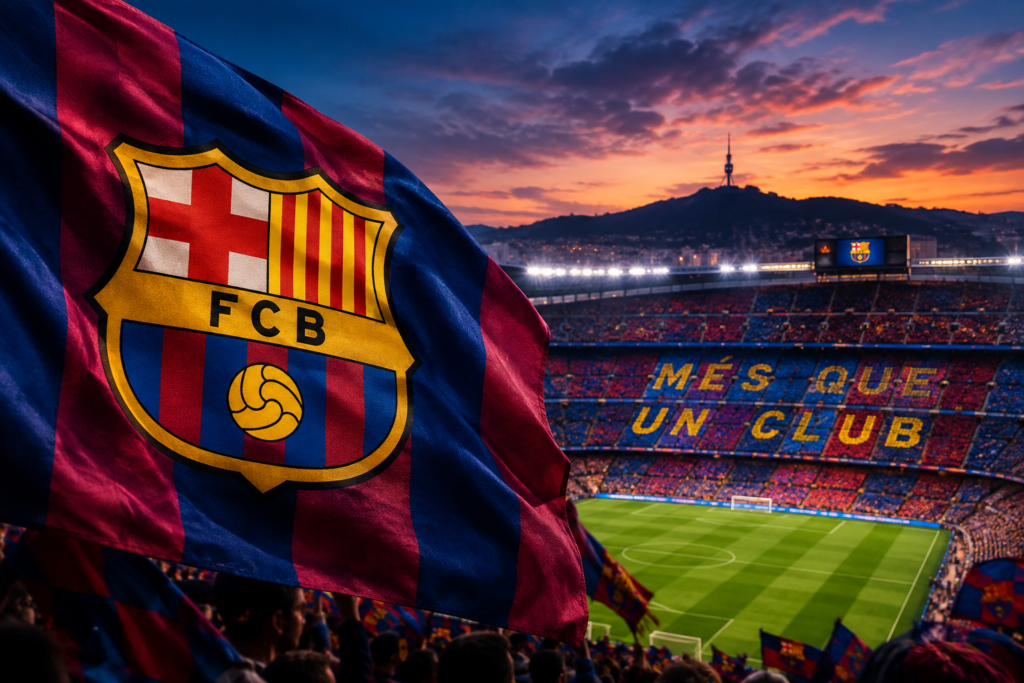 FC Barcelona flag waving over a football stadium at sunset