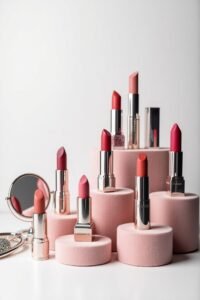 Best lipsticks shades in red, pink, nude, and coral displayed on elegant pink pedestals.