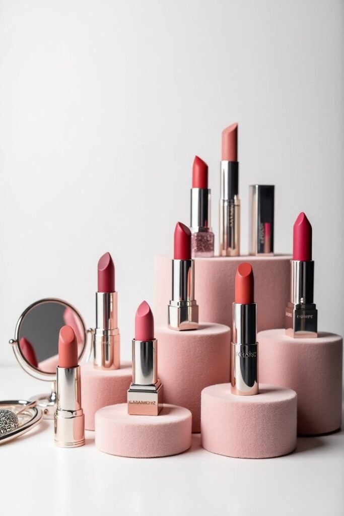 Best lipsticks shades in red, pink, nude, and coral displayed on elegant pink pedestals.